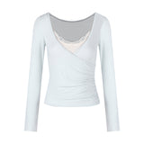 Blue V Collar Wood Ear Long-Sleeved T-Shirt For Women's Autumn Pure Sexual Sleeve Sling Vest Tops Folded Two Sets