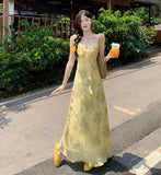 2025 Summer New Bag Of Hip Fish Tail Long Dress Yellow Broken Flowers V-Neck French Printing Temperament Slim Slimming Dress