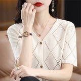 Pure Cotton Sweat 2026 Spring And Summer New Women's Hollow Open Shirt V Collar Display Short Temperament Top T-Shirt Knitted Shirt