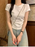 Summer 2025 Shoulder T-Shirt Women To Folded Short Sleeves Irregular Sweet Spicy Thin Little Man Round Collar Short Top