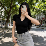Pure Polo Shirt Women's Summer New Thin Short T-Shirt Design V Collar Repair Elastic Short Sleeve Top Ins