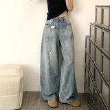 Tall Man Lengthened Retro Water Wash Scratches Worn Jeans Women High Waists Thin Loose Straight Leg Drag Trousers