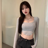 Sweet And Spicy Long-Sleeved T-Shirt Girl Spring Slim Slim Short High-Waist Thin Inside The Bottom Shirt Sexy White Top