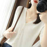 Ice Silk Breathable 2026 Spring And Summer New Women V Neck Thin Top Five-Sleeve Sleeve Sleeves Pure Color Temperament Knitted Shirt