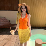 Terand Dopamine Mingmei Holiday Set Female Summer Seaside Orange Hanging Neck Vest Half-Body Skirt Two-Piece