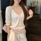 V-Neck Thin Loose Short-Sleeved Bat Sleeve T-Shirt For Women's Summer Striped Hanging Neck Sling Vest Two-Piece Top