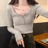Half-Necked Hottie T-Shirt Women's Bottom Shirt Autumn New 2026 White Thread Button Long-Sleeved Top