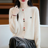 100% Pure Wool 2026 Autumn And Winter New Lady Loose Collar Design Color Buckle Top Knitted Cardigan Jacket