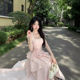 High-Level French Pure Square Temperament Romantic Irregular Level Sweet Princess Cake Dress Waist Dress