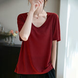 Lyselle Tiansi 2026 Spring And Summer Women's New Short-Sleeved V-Neck Solid Color T-Shirt Short-Sleeved Sleeves Comfortable T-Shirt