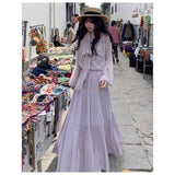 French Gentle Design Pressure Folded Skirt Light Purple A-Sword Dress Women's Summer High-Waisted Big Swing Skirt Dress