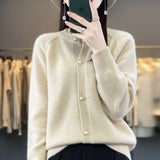 Wool Blended 2026 Autumn And Winter New Round Collar Short Solid Color Thick Shoulder Sleeve Star Buckle Knitted Cardigan Sweater