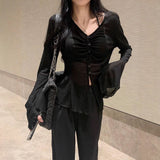 Pure Black Sunscreen Cardigan Women's Spring Thin Design V Collar Horn Long-Sleeved Knitted Shirt Chic Top