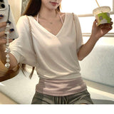 V-Neck Thin Loose Short-Sleeved Bat Sleeve T-Shirt For Women's Summer Striped Hanging Neck Sling Vest Two-Piece Top