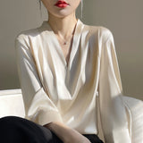 Silk Satin 2026 Summer Women's New Short Satin Shirt V Collar Simple Nine-Sleeve Temperament Match French Top