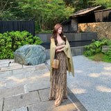 New Chinese Green V-Neck Print Sling Dress Woman's Waist Thin Shawl Sling Dress Two Sets