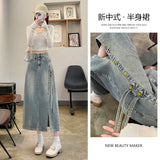 New Chinese-Style Cowboy Half-Dress Woman In The Autumn Of 2025 Thin High-Waist Long-Winded National Style A-Word Open Forked Bag Hip Skirt