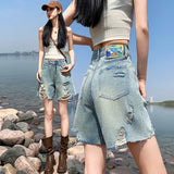 Hole-Breaking Five-Point Denim Shorts Women's Summer Thin Loose High Street Beggars 5 Points Straight Casual Trousers