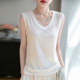 Lyselle Tiansi 2026 Spring And Summer Women's New Short-Sleeved U-Neck Solid Colorless Vest Knitted Short-Sleeved T-Shirt