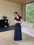 French Temperament Tibetan Blue With Short-Sleeved Dress Women's New Summer Waist Thin A-Dress Skirt Ins Tide