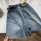 Pear-Shaped Body Hole Denim Shorts Women Summer Thin Large Size Fat Mm High-Waisted Shading A-Legged Five-Point Trousers
