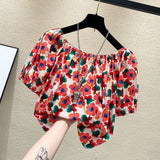 New Fashion Broken Flower Word Collar Short-Sleeved T-Shirt Top Women's Summer Niche Loose Shirt On The Original Work