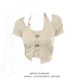 Large-Size Fat Sister Sweet And Spicy Design Pure Desire Short-Sleeved Woman Summer Butterfly Button Short Hottie Fake Two-Piece Top