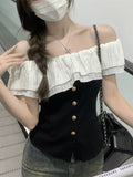 Design Sense Of A Small Sense Of Chic Waist Blouse Summer New Women's Style French Lotus Side Shoulder Short-Sleeved T-Shirt