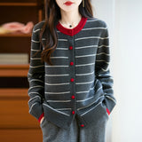 100% Pure Wool 2026 Autumn And Winter New Women's Loose Round-Collar Striped Buckle Knitted Open Shirt Coat