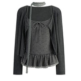 Fat MM Pure Lace Lace Hanging Neck Sling Female Autumn New Temperament Leaf Side Cardigan Two Sets Of Top