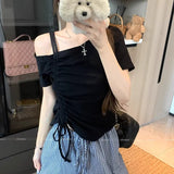 Design-Sense Collared Bare Shoulder Drawstring Top Women's Summer New Slimming Niche Small Collection Thin Short-Sleeved T-Shirt