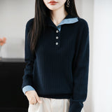 Wool Blending 2026 Autumn And Winter New Lady Loose Semi-High-Collar French Style Hit-And-Fleet Two-Piece Bottom Knitting Shirt