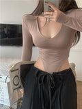 Black V-Necked Women In Spring And Autumn Pure Hot Girl Sexy Clad Bare Waist Long-Sleeved T-Shirt