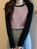 Long-Sleeved T-Shirt Women's Spring New Korean Version Of The Collage Splicing Round Collar Bottom Jersey Fat MM Large Size Women's Loose Top Tide