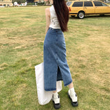 High-Waisted Open-Forked Cowboy Half-Dress Woman 2025 New Summer Small A-Word Half Skirt Retro Ass Long Skirt