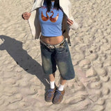 Vintage Denim Shorts Five-Point Trousers Women Summer Babes Low-Waisted Straight-In-Fleet Water Wash Seven-Point Pants Trousers