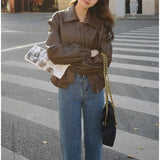 Brown Leather Coat Woman 2026 New Retro Leisure Small Locomotive Suit Pu Leather Jacket Top