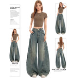 Vintage Crack Scissors Jeans Men And Women Spring And Autumn Summer New Loose Broad Legs Straight Scyter Pants