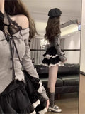 Sweet And Spicy Lace Hanging Neck T-Shirt For Women's Autumn Ballet Black Corduroy Short Skirt Blouse Ponn Cake Skirt Suit