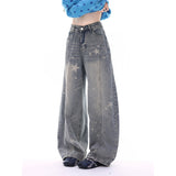 Star Ya Meng Printed Wide-Legged Jeans Women's Spring And Autumn New Slack Retro Scimits-On Thin Drag Trousers