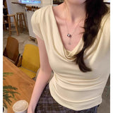 French Top Fashion Design Collar A Word Shoulder T-Shirt Short-Sleeved Girl Summer Repair Hot Girl Tight Shoulder Short