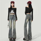 Vintage High-Rise Micro-Horn Jeans Women 2025 Autumn New Slim Slim Small Burst Horseshoe Trousers