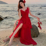French Beautiful Irregular Lotus Leaf Side Red Sling Dress Female Summer Seaside Atmosphere Temperament Dress
