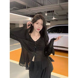 Pure Black Sunscreen Cardigan Women's Spring Thin Design V Collar Horn Long-Sleeved Knitted Shirt Chic Top