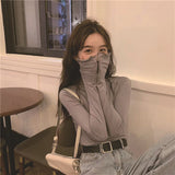 Shirt Women's Clothing Spring 2026 New Half-High Collar Blouse Wearing Thin Slim Girl Long-Sleeved T-Shirt