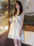 Summer New White Loose Swing Lotus Leaf Side Sling Skirt Holiday Style Small Sleeveless Vest Dress