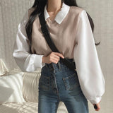 Spring And Autumn New Splicing POLO Collar Fake Two T-Shirt Women's Long Sleeves Loose Thin Bump Collar Blouse Tide