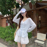 Korean Striped With Thin Tian Silk Sunscreen Knitted Women 2025 Summer New Loose V Collar Top Opener
