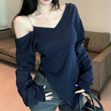 Irregular Opening Fork Inclined Shoulder Long-Sleeved T-Shirt Girl Spring Pure Desire A Word Shoulder-To-Shoulder Shirt Inside The Shoulder Jacket