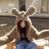 Cute Rabbit Ear Imitation Fur Short Hooded Plush Coat Women Winter Loose Plus Lazy Hairy Fur Coat